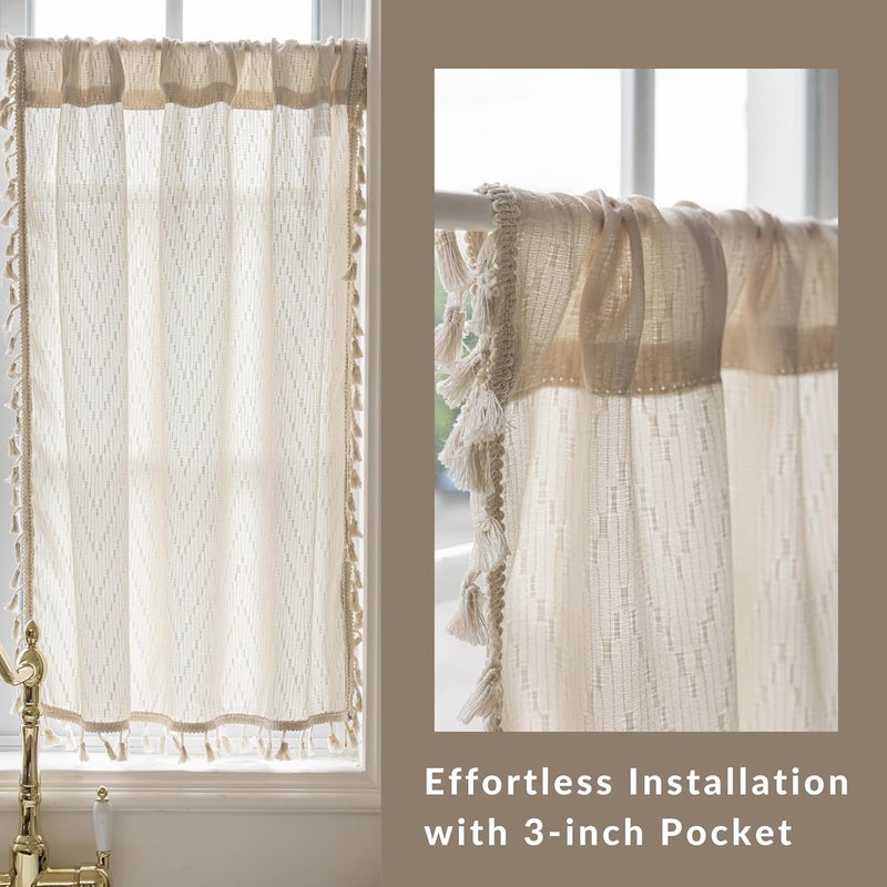 VOILYBIRD Kitchen Window Curtains Over Sink 24 Inch Length Boho Tassel Tiers Cafe Curtains Zigzag Design, 2 Panels, Beige - Image 3